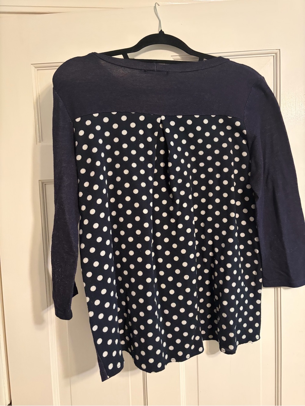Paper Moon Navy Polka Dot Back Top | Size Large | 3/4 Sleeve Hi-Low Blouse